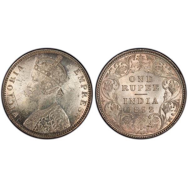 BRITISH INDIA: Victoria, Empress, 1876-1901, AR rupee, 1892-B, PCGS MS63