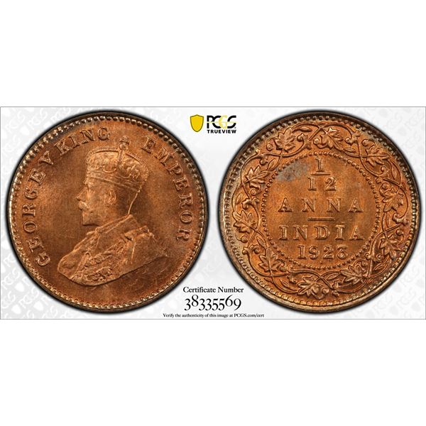 BRITISH INDIA: George V, 1910-1936, AE 1/12 anna, 1923(b), PCGS MS66 RD