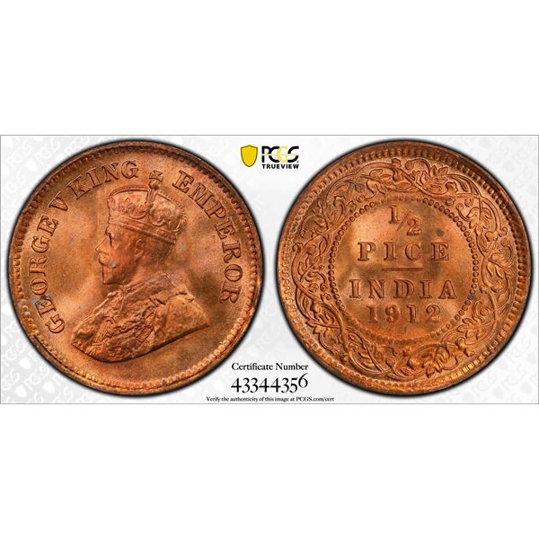 BRITISH INDIA: George V, 1910-1936, AE ½ pice, 1912(c), PCGS MS65 RD