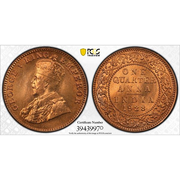 BRITISH INDIA: George V, 1910-1936, AE ¼ anna, 1928(b), PCGS MS66 +RD