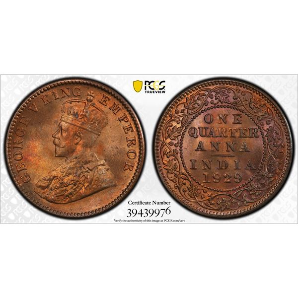 BRITISH INDIA: George V, 1910-1936, AE ¼ anna, 1929(c), PCGS MS65 RB