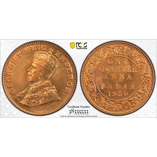 BRITISH INDIA: George V, 1910-1936, AE ¼ anna, 1930(b), PCGS MS66 RD +