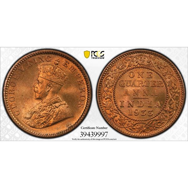 BRITISH INDIA: George V, 1910-1936, AE ¼ anna, 1933(c), PCGS MS66 RD