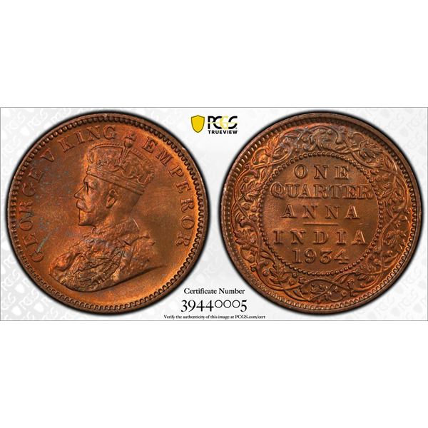 BRITISH INDIA: George V, 1910-1936, AE ¼ anna, 1934(c), PCGS MS66 RB