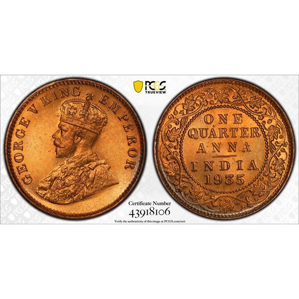 BRITISH INDIA: George V, 1910-1936, AE ¼ anna, 1935(c), PCGS MS66 RD