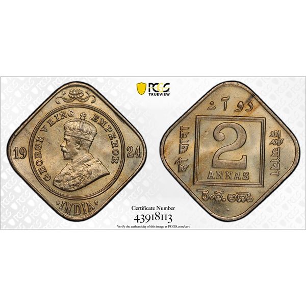 BRITISH INDIA: George V, 1910-1936, 2 annas, 1924(b), PCGS MS64