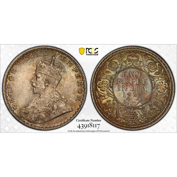 BRITISH INDIA: George V, 1910-1936, AR ½ rupee, 1925(b), PCGS MS65