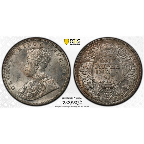 BRITISH INDIA: George V, 1910-1917, AR rupee, 1917(b), PCGS MS64 +