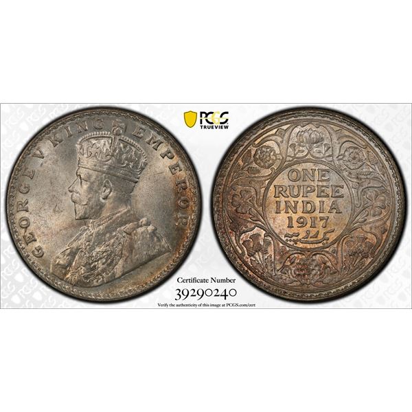 BRITISH INDIA: George V, 1910-1917, AR rupee, 1917(b), PCGS MS64