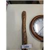 Image 8 : DOUBLE HEADED AXE WITH CARVED HILT, BULOVA WALL CLOCK AND BRASS OIL LAMP