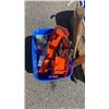Image 2 : 2 TOTES OF TOOLS, SHOP SUPPLIES, SAWHORSE BRACKETS, JACK STANDS, PICKAXES