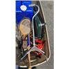 Image 8 : 2 TOTES OF TOOLS, SHOP SUPPLIES, SAWHORSE BRACKETS, JACK STANDS, PICKAXES