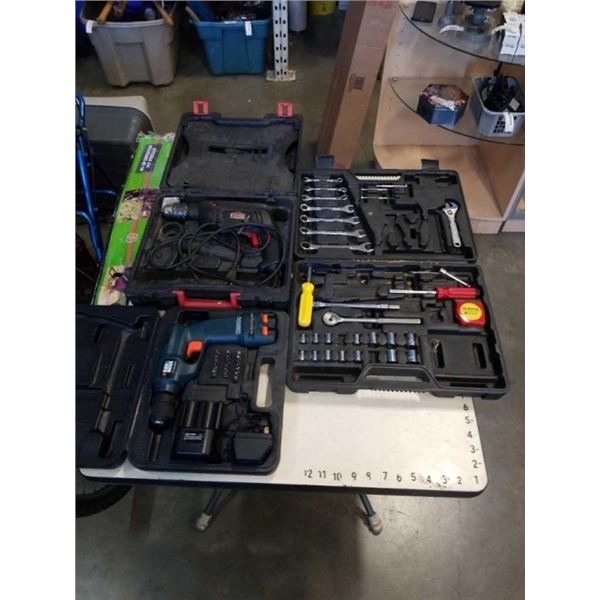 3 CASES WITH JOBMATE DRILL, BLACK AND DECKER CORDLESS DRILL AND TOOLS AND GAS CAN