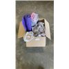 Image 1 : TOTE AND BOX OF BLANKETS, YOGA MAT, FAUX FUR THROW