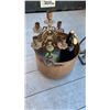 Image 2 : COPPER BUCKET WITH MARBLE AND BRASS CLOCK, SELTZER BOTTLE AND METAL AND GLASS VASE