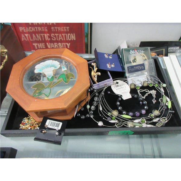 Tray of Assorted Jewelry & Jewel Box