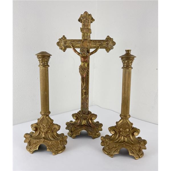 Antique Religious Christian Alter Crucifix Set