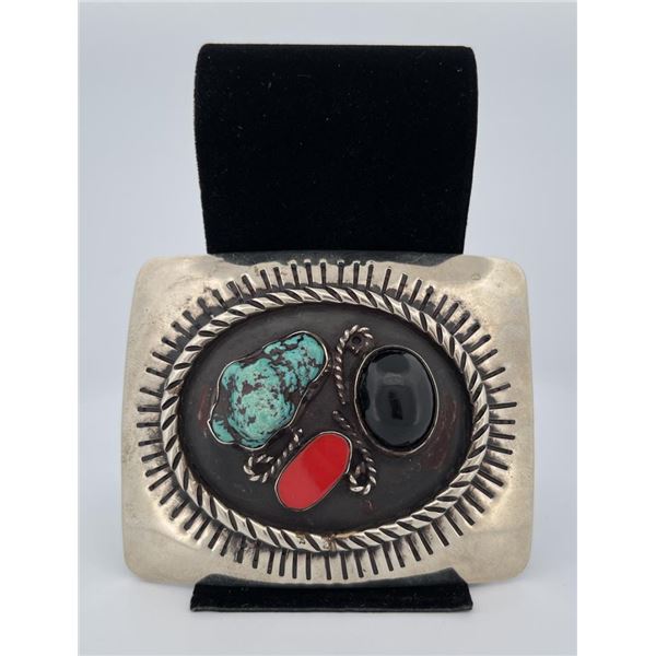 Navajo Sterling Silver Turquoise Coral Belt Buckle