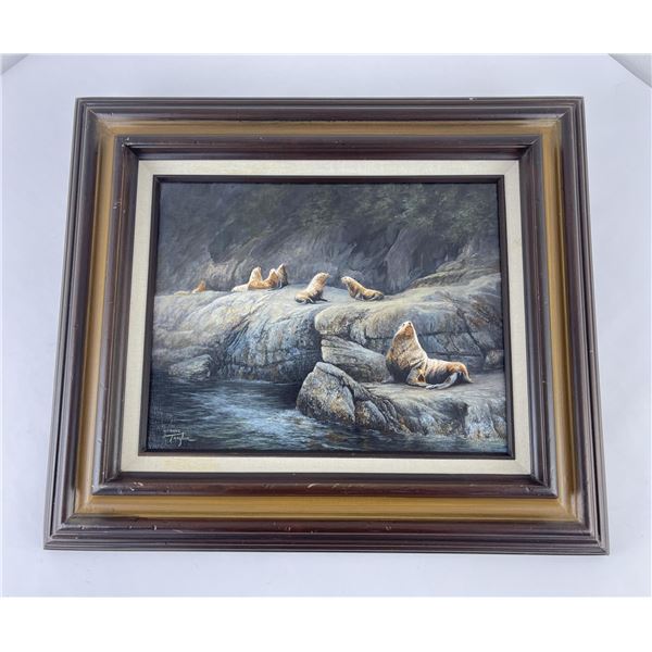 Alaska Coast Sea Lions Oil on Board Painting