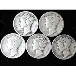 5 Assorted Mercury Dimes