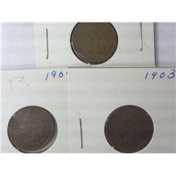 3 Indian Head Cents (1903, 1904, 1905)