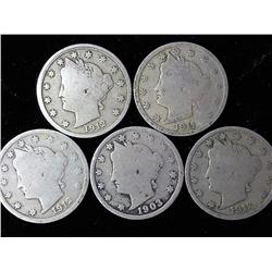 5 Assorted Liberty "V" Nickels