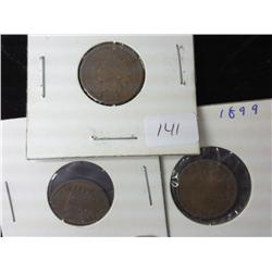 3 Indian Head Cents (1897, 1898, 1899)