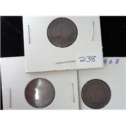 3 Indian Head Cents (1906, 1907, 1908)