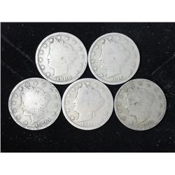 5 Assorted Liberty "V" Nickels