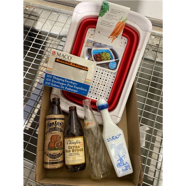 Bottles, collapsible strainer and shipping envelopes