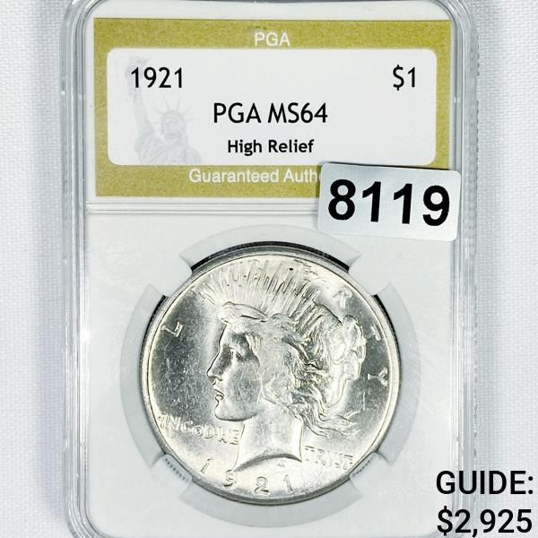 1921 Silver Peace Dollar PGA - MS64 High Relief