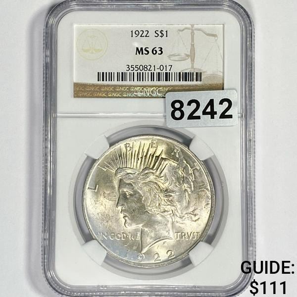 1922 Silver Peace Dollar NGC - MS63