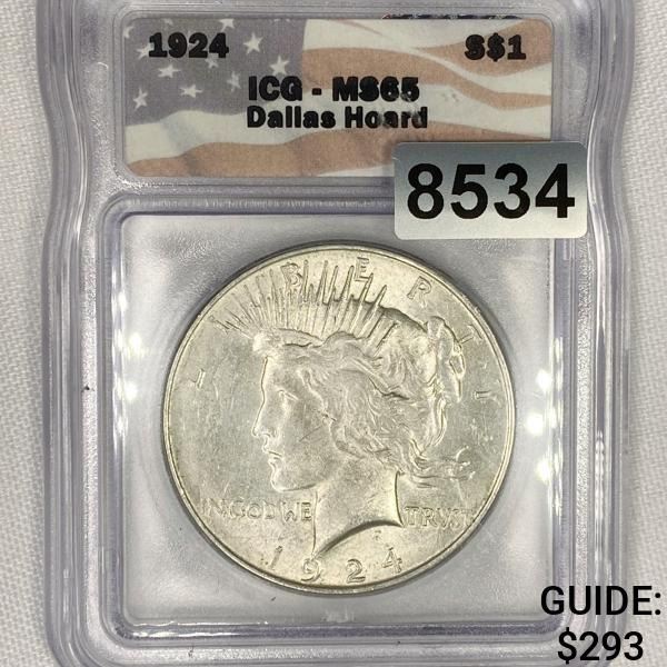 1924 Dallas Hoard Silver Peace Dollar ICG - MS65