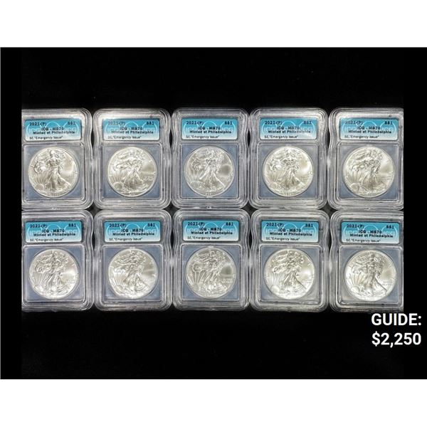 (10) 2021 American Silver Eagles ICG - MS70