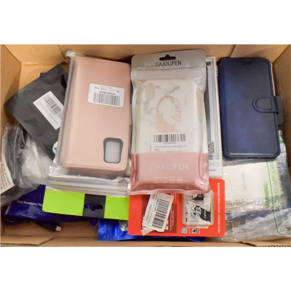 BOX OF NEW ASSORTED CELL PHONE CASES AND CABLES