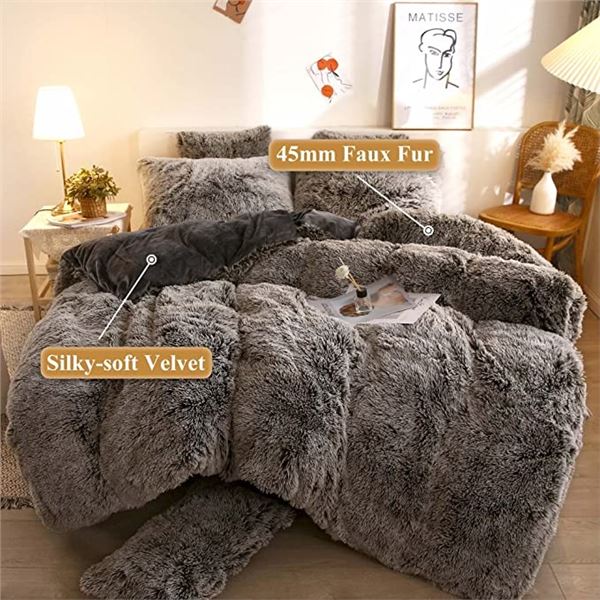 PLUSH SHAGGY TWIN SZ DUVET COVER IN DARK GRAY