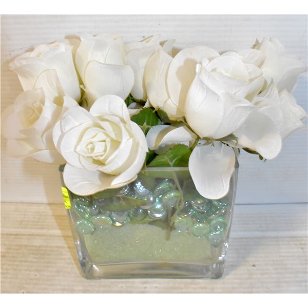 GLASS VASE, IMITATION ROSES, GLASS ROCKS 10  HIGH