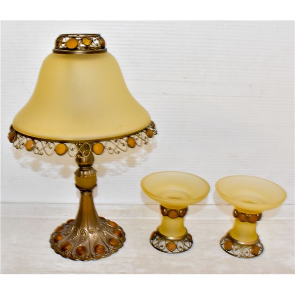 VINTAGE BRASS GLASS AND AMBER CANDLE AND LAMP SET