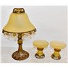 VINTAGE BRASS GLASS AND AMBER CANDLE AND LAMP SET