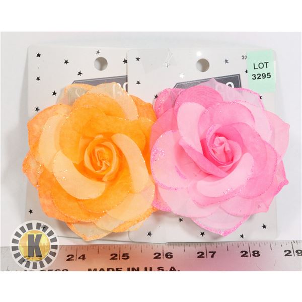 2 NEW FAUX ROSE ELASTICS/CLIPS PINK AND ORANGE