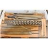 LARGE FLAT OF FILES, DRILL BITS & WOOD CLAMP