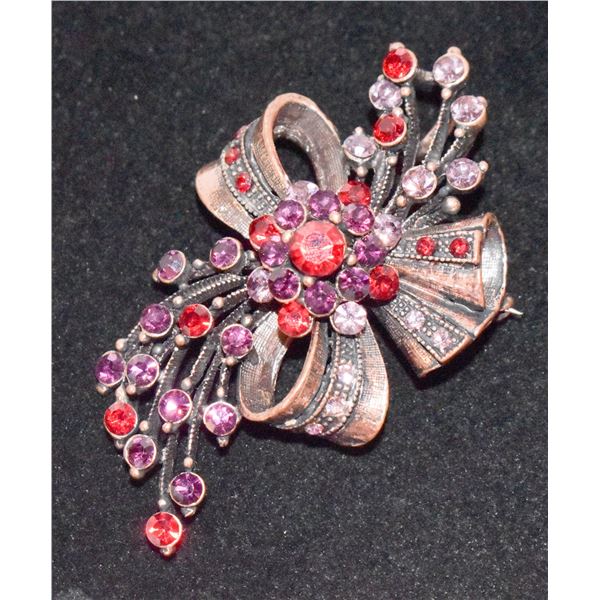 VINTAGE COPPER WITH RED AND PINK STONES BROOCH