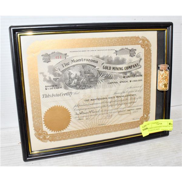 FRAMED GOLD MINE SHARE W/ VIAL OF GOLD FLAKES