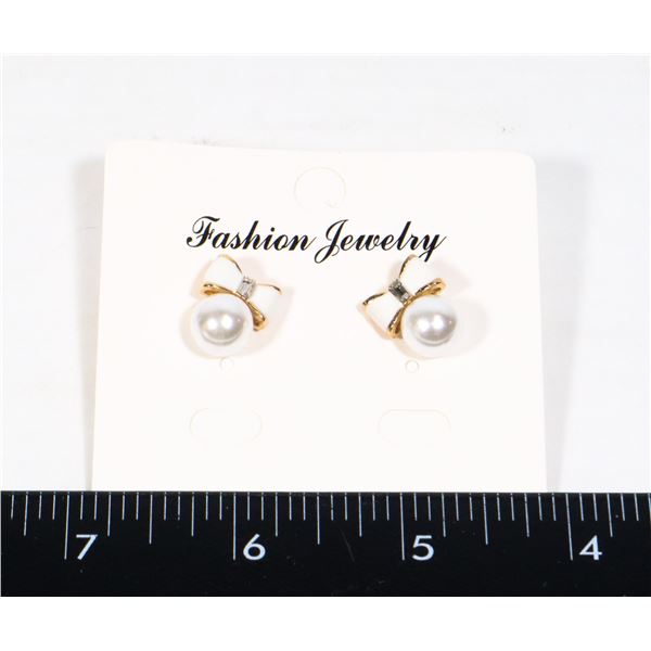 NEW BOW STUD EARRINGS FAUX PEARL AND RHINESTONE