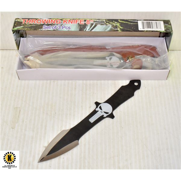 NEW SKULL THEMED 8" , SET OF 3, THROWING KNIVES W/