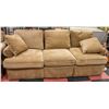 3 SEATER BROWN FABRIC COUCH 84" LONG WITH 2 ACCENT