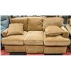 3 SEATER BROWN FABRIC COUCH 74" LONG WITH 2 ACCENT