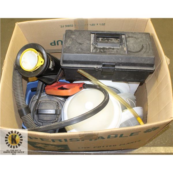 SHOP VAC, TOOL BOX, FUNNELS, BUCKET, LIGHT