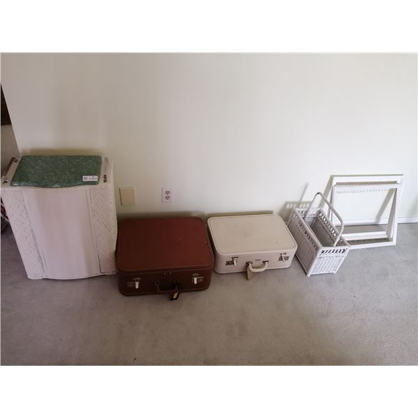 Vintage Laundry Hamper, 2 x Vintage Suitcases, Magazine Rack, and Picture Frame Organizer