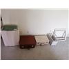 Image 1 : Vintage Laundry Hamper, 2 x Vintage Suitcases, Magazine Rack, and Picture Frame Organizer